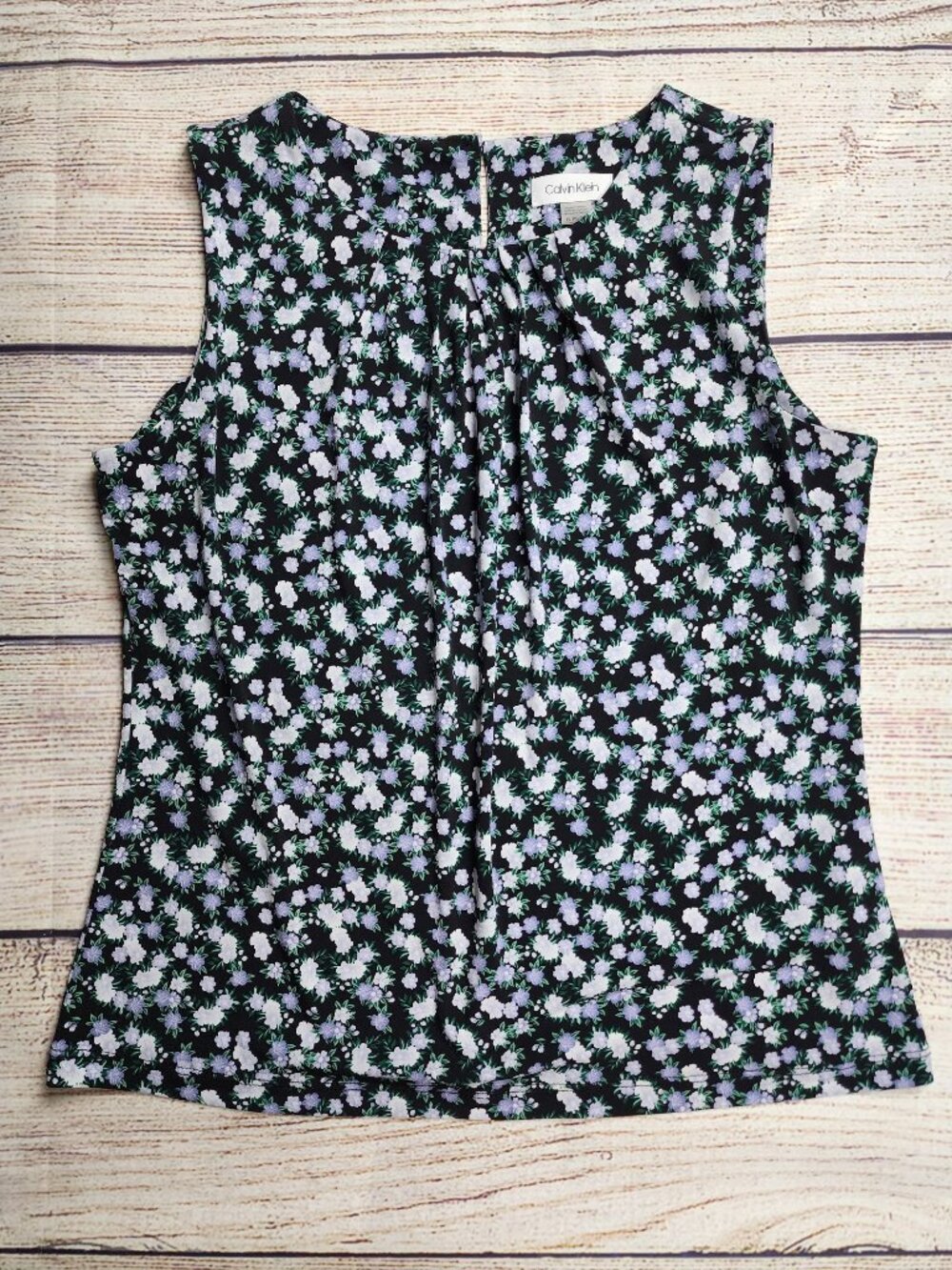 Calvin‎ Klein Blouse Petite Large Black Ditsy Floral Pleated Neck Keyhole Back